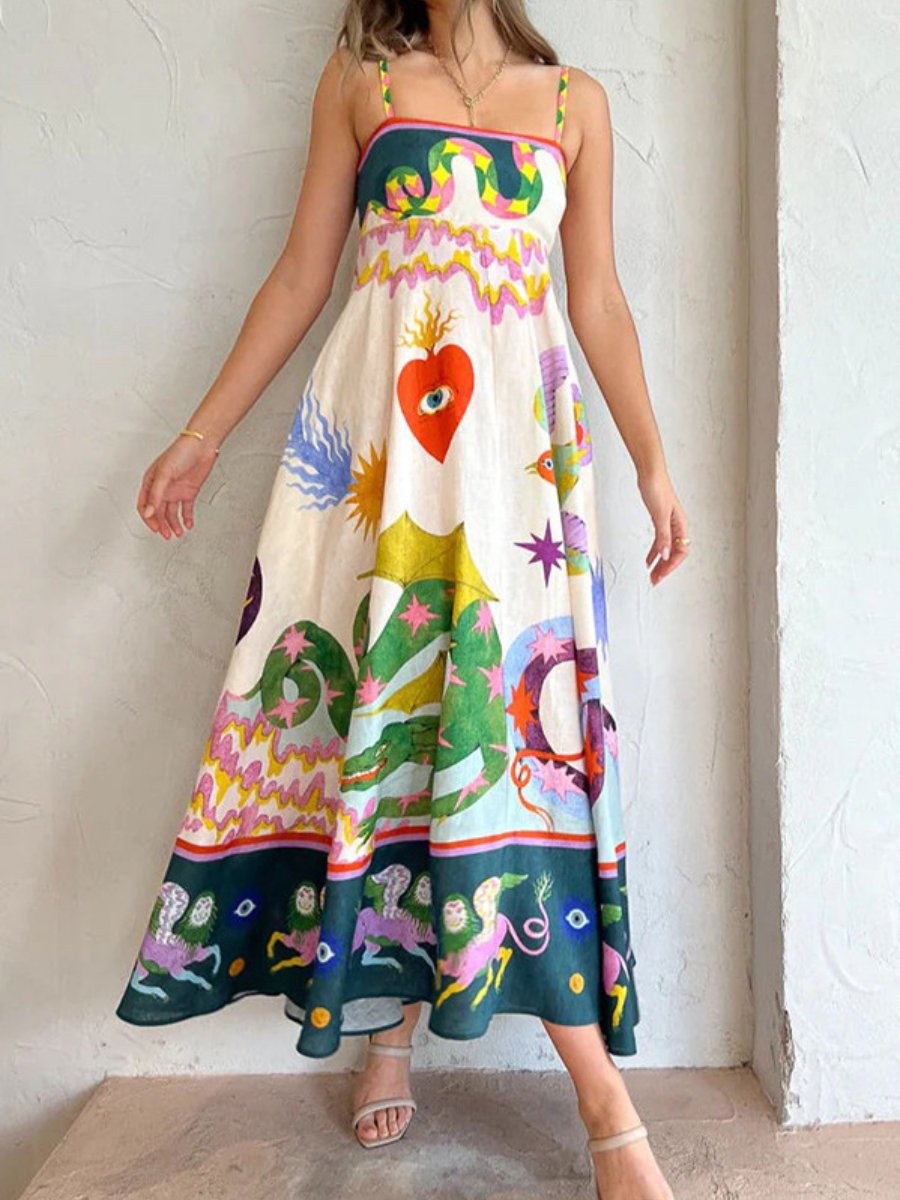 Maxi Long Dress Dress Length Type Wholesale Women's Vacation Printing Animal Eye Holiday Daily Beach Strap Sleeveless Strap Dress