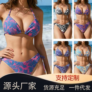 2026新款外贸夏日花卉比基尼粉蓝撞色可调节绑带海边度假温泉泳衣
