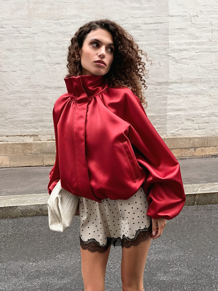 Áo khoác jacket satin cổ đứng tay hoa tulip dáng rộng — Màu hồng, Màu xanh dương, màu đỏ chi tiết 21