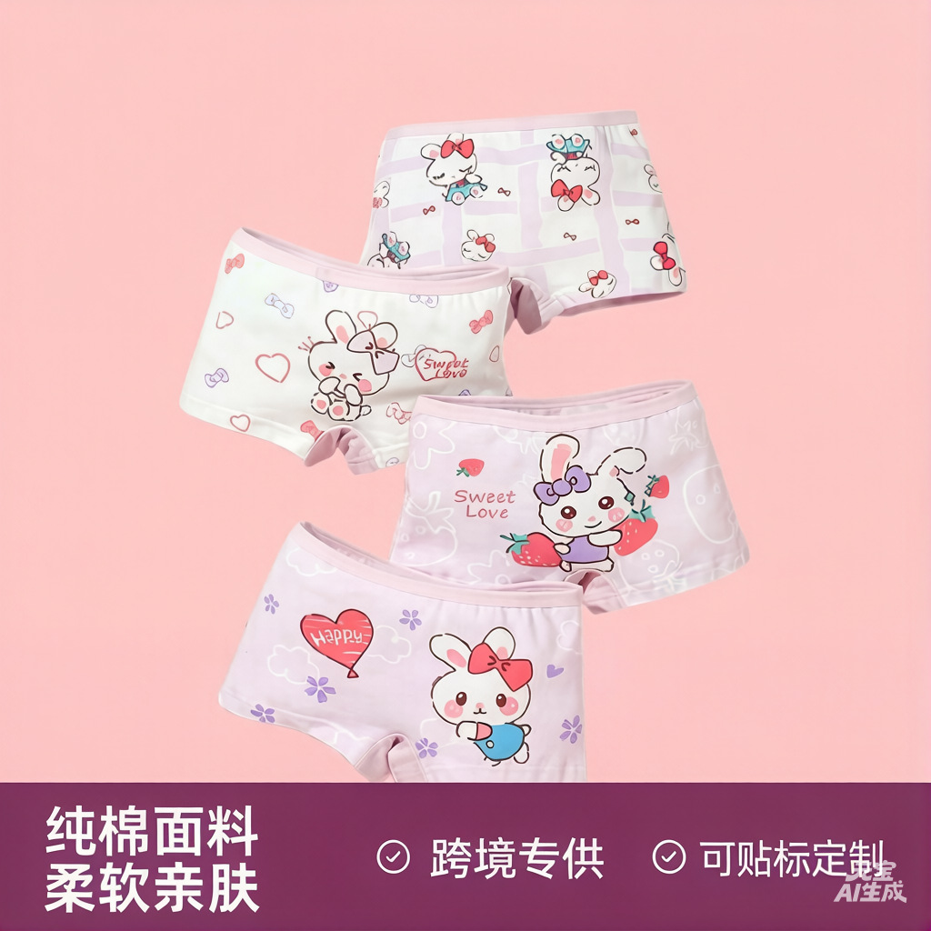 Cross-Border Children's Underwear, Pure Cotton Girls' Boxer Briefs, Breathable Short Boxer Briefs for Small and Medium-Sized Children, Students, Seamless Design