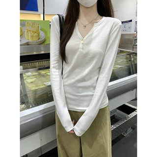 白色亨利领薄款长袖T恤女春秋季半开扣修身韩系简约温柔打底上衣
