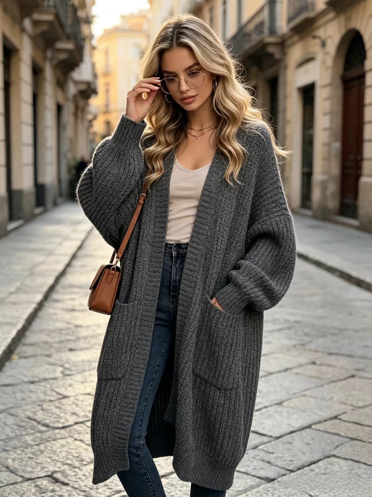 Suéter de rodilla grueso de otoño y invierno abrigo femenino suelto versátil fondo de manga larga jersey cardigan perezoso tendencia media y larga
