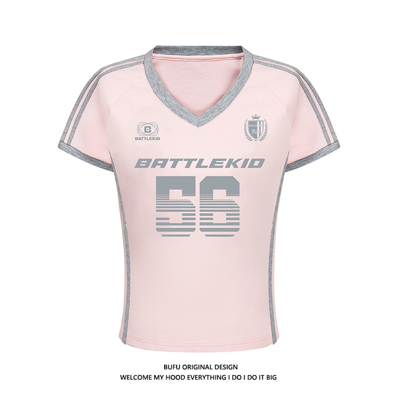 億少年 BUFU レトロホットガール V ネックコントラストジャージ半袖 Tシャツ女性の夏のスポーツ痩身トップ