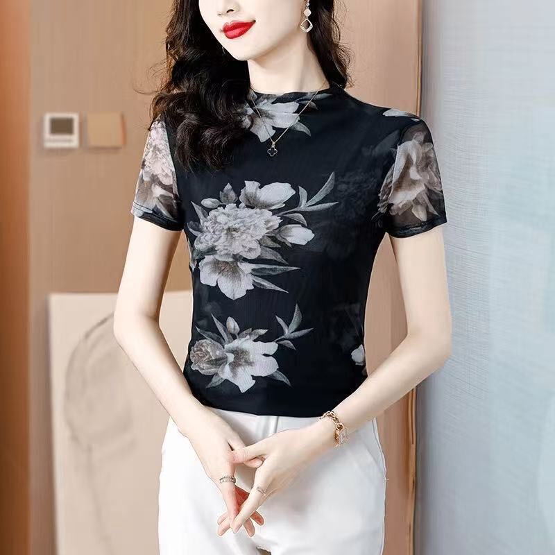 (Trendy Hot Item) Summer New Mesh Slimming Short-Sleeve 2025 Printed T-Shirt, Slim-Fit Fashionable Top for Women Commuting (Trendy Hot Item) Summer New Mesh Slimming Short-Sleeve 2025 Printed T-Shirt, Slim-Fit Fashionable Top for Women Commuting