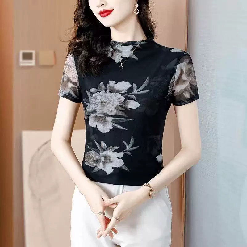 (网红爆款)夏季新款洋气网纱显瘦短袖2025印花T恤修身时尚上衣女