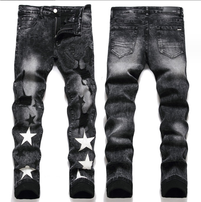 Herren Slim Fit Stretch Jeans In Schwarz Mit Stern-design_voghion.com