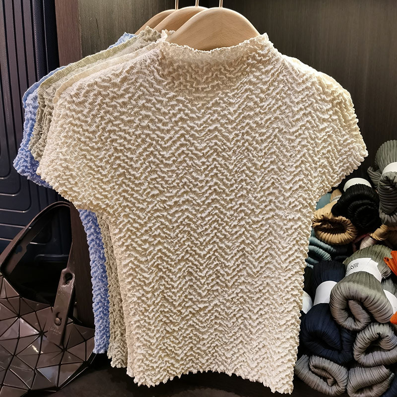 Áo thun nữ cổ tròn tay ngắn họa tiết dứa jacquard xếp ly mùa hè — Màu xanh lam nhạt, Màu xanh lục nhạt, Màu đen, Màu trắng be