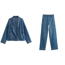欧美风女装新款个性西装领宽松牛仔外套+休闲百搭高腰牛仔裤套装