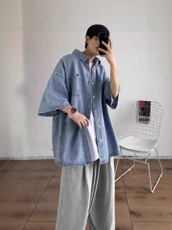 香港風和風デニムシャツメンズ半袖夏服ハンサムシャツサマージャケットトレンディなブランドデザインニッチ|undefined
