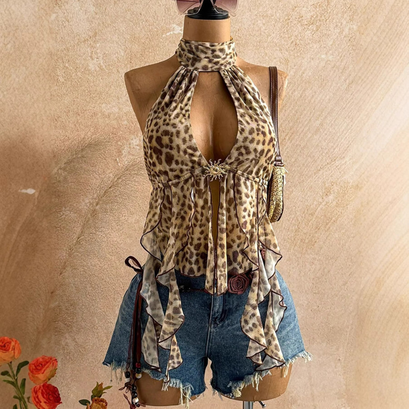 2026 European and American Cross-Border Summer New Style Sexy Hot Girl Backless Leopard Print Short Top Halter Neck Ribbon High-Neck Women's Tank Top