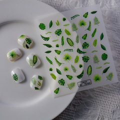 網紅小清新羽毛樹葉美甲貼紙浮雕綠色植物5D貼花指甲裝飾貼片紙