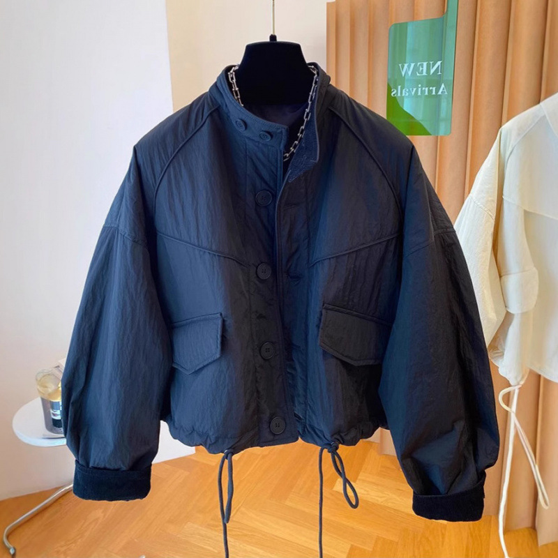 韩版时尚立领工装棉服女2025秋冬季轻薄款宽松单排扣夹棉棉衣外套|undefined