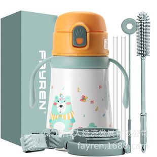 New Cartoon Kidsren's Thermos Cup 316 Stainless Steel High-Looking Double Drink with Handle Portable Leak-Proof Straw Water Cup