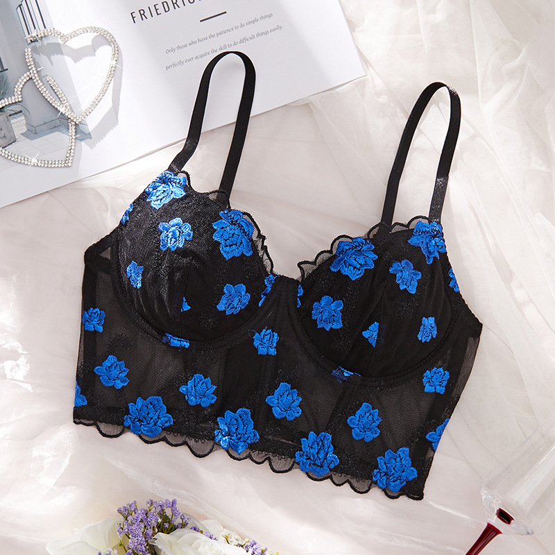 Exquisite Rose Lace Embroidered Sheer Mesh Bra Set With Adjustable 3-Row Hook & Eye Closure - Sensual Bustier Corset For Women_voghion.com