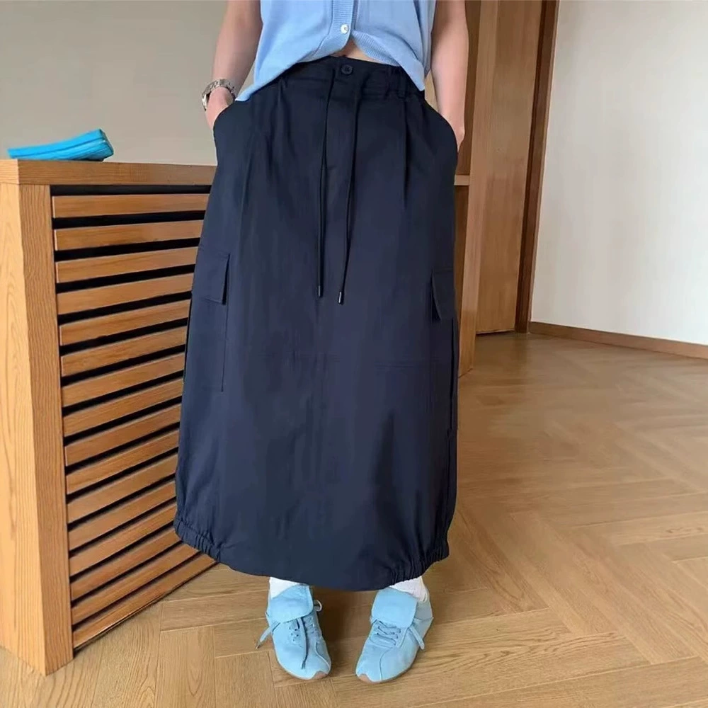 Женская юбка-карго с карманами, лето 2025, новая, высокая талия, стройнящая, универсальная, средней длины, А-силуэта, повседневная юбка-зонтик