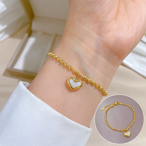[Full body titanium steel] Dongdaemun personality temperament forest style love mother-of-pearl round bead bracelet female Internet celebrity retro best friend