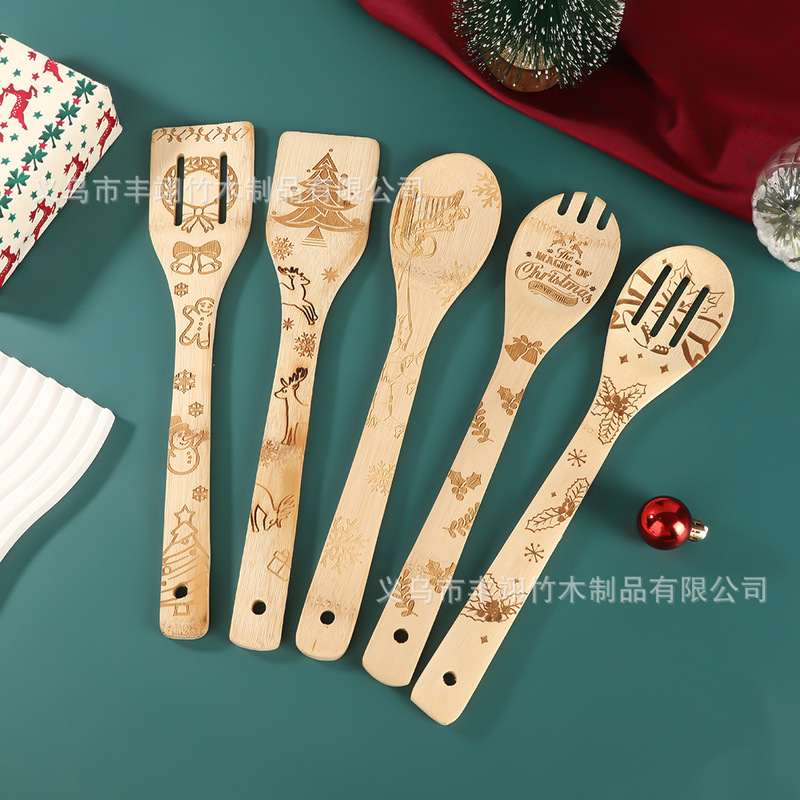 跨境木勺激光雕刻圣诞餐具厨房用具烹饪铲子竹制日用餐厨铲子厨具|undefined