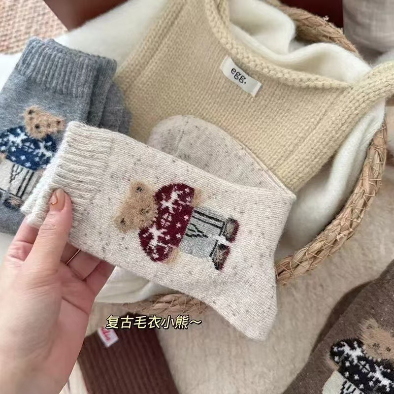 秋冬の女性用ソックス、かわいい漫画のクマの女性用ミッドカーフソックス、暖かいミッドカーフソックス、ベルベットと厚みのあるパイルロングソックス、女性用|undefined
