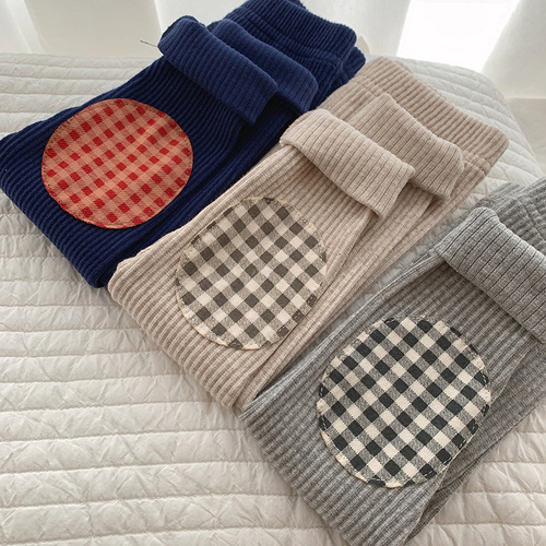  Spring and Autumn Korean Version Infants and Toddlers Ribbed Leggings with Pits and Checkered Cotton Baby Cute Pants