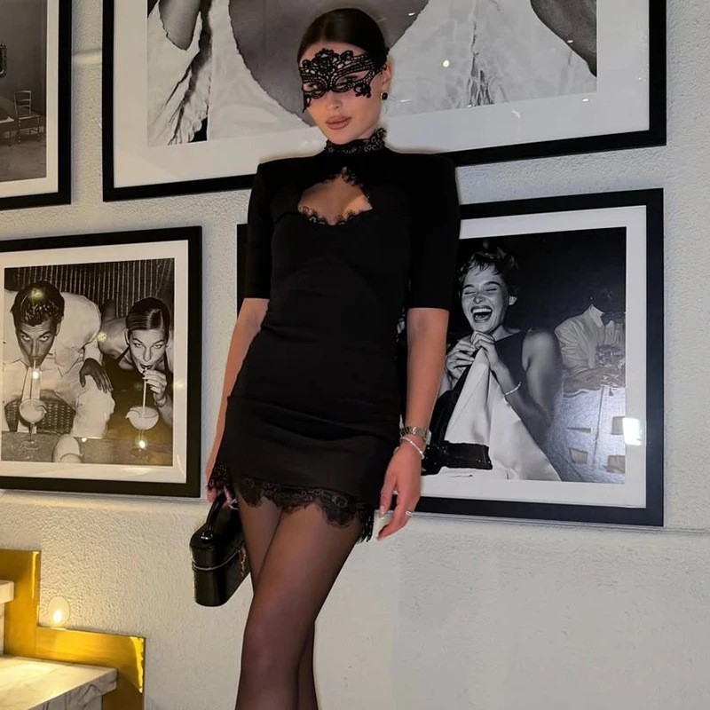 Women's Sexy Hollow Out Lace Panel High Waist Short Sleeve Bodycon Mini Dress – Summer Party Gown_ecoleips.com