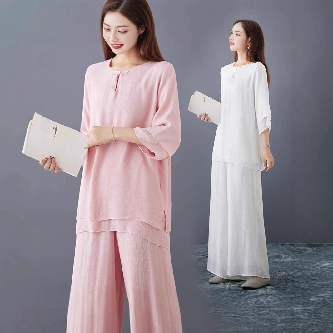 Сказочный костюм из хлопка и льна для йоги Летний костюм для медитации Женский национальный стиль Тайцзи костюм из двух частей