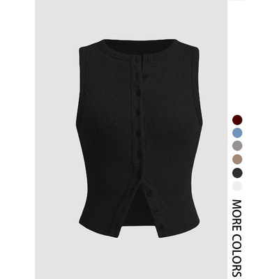 Women's Plain Button Front Ribbed Crop Tank Top Casual Fit