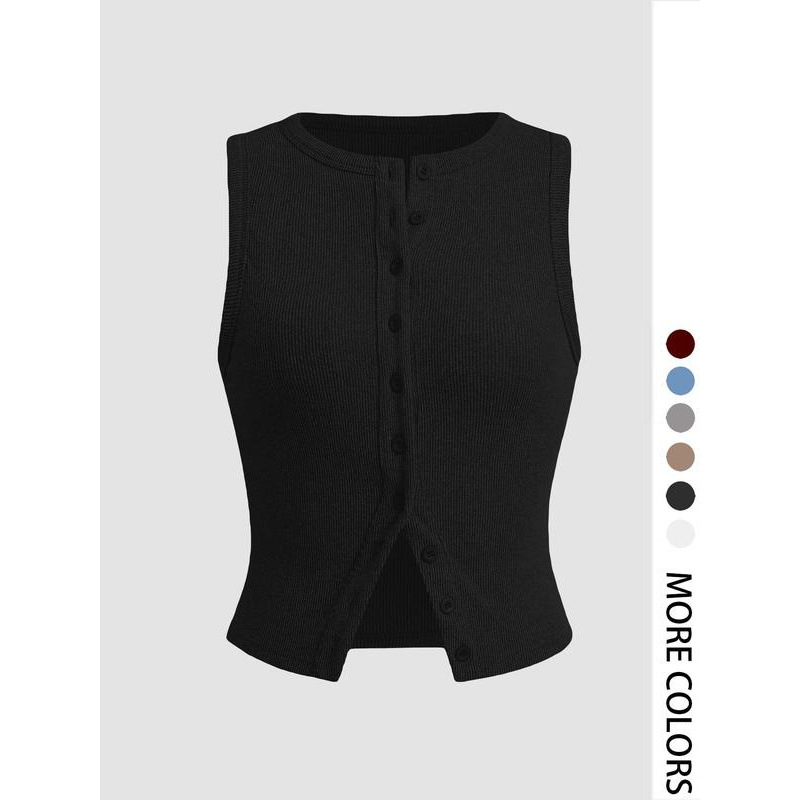 Women's Plain Button Front Ribbed Crop Tank Top Casual Fit