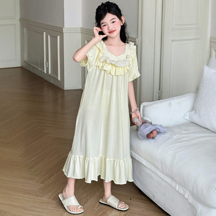 Girls' Palace Style Lace Nightgown, Summer Girl's Sweet Princess Pajamas, Big Children's Fashionable Short-Sleeved Home Clothes Skirt