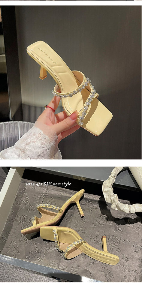 Dép sandal nữ quai ngang gót nhọn hở mũi đính đá, mũi vuông — Màu hồng nhạt, Màu vàng nhạt, Màu đen chi tiết 10