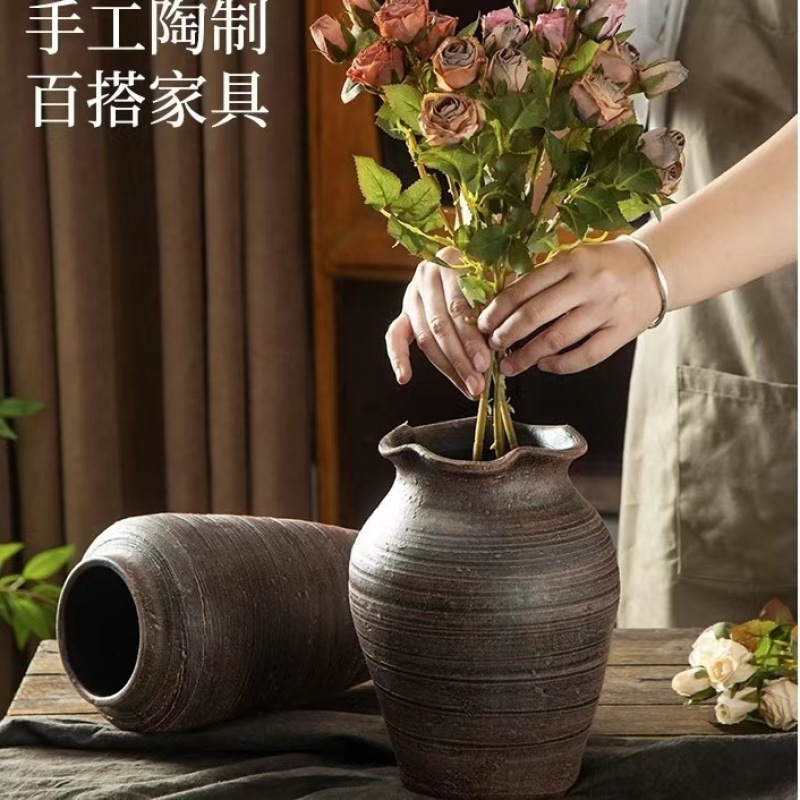 Handmade Retro Stoneware Vase, Flower Pot, Dried Flower Hydroponic Flower Cultivation, Breathable Clay Pot, Small and Fashionable