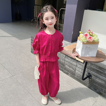 女童套装2024夏季新款童装儿童泡泡袖两件套韩版小女孩短袖收腰