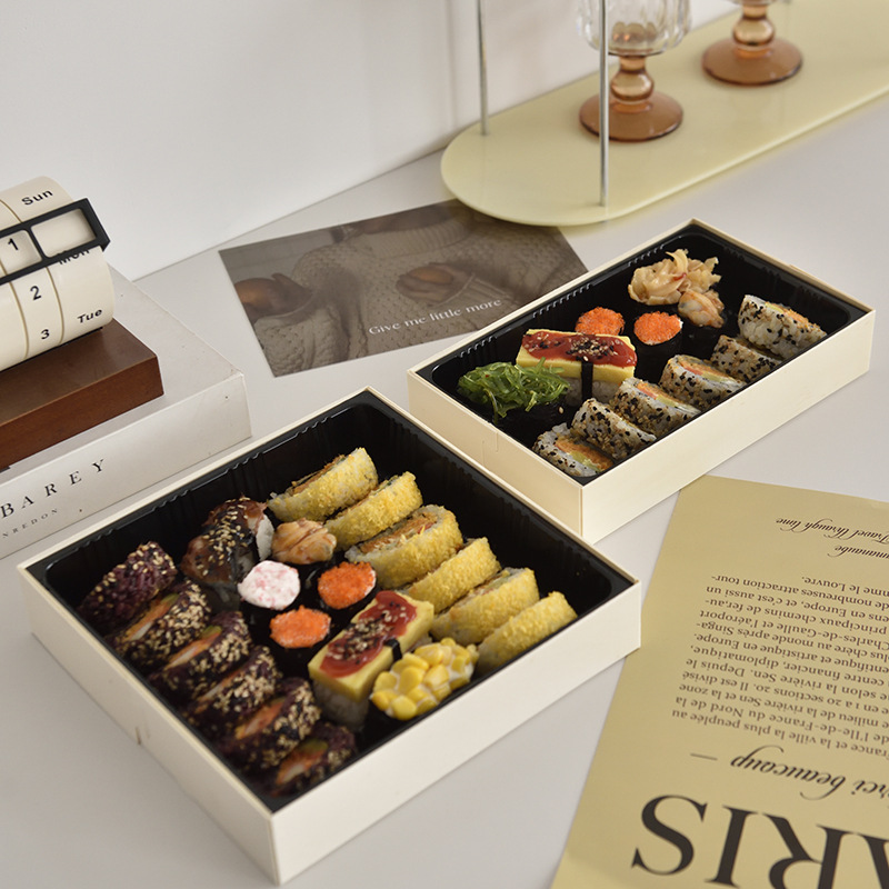Caja de sushi sashimi, caja de sushi japonesa, caja de embalaje de madera transparente desechable, cuadrada de alta calidad con cubierta