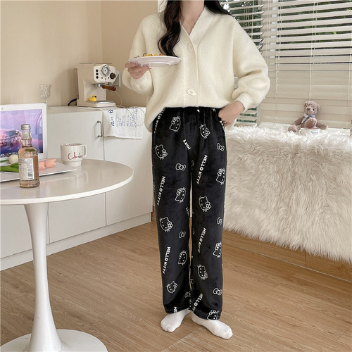Cartoon KT Cat Padded Thick Women's Fall/Winter Home Casual Flannel Sleep Pants with Outerwear Long Pants