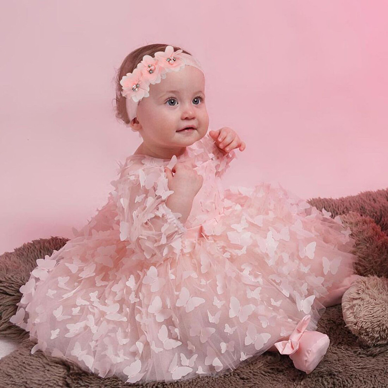 New European and American-style baby & toddler dress: 3D floral puffy skirt with mesh fabric and a bow-tie design—perfect for girls' special occasion wear.