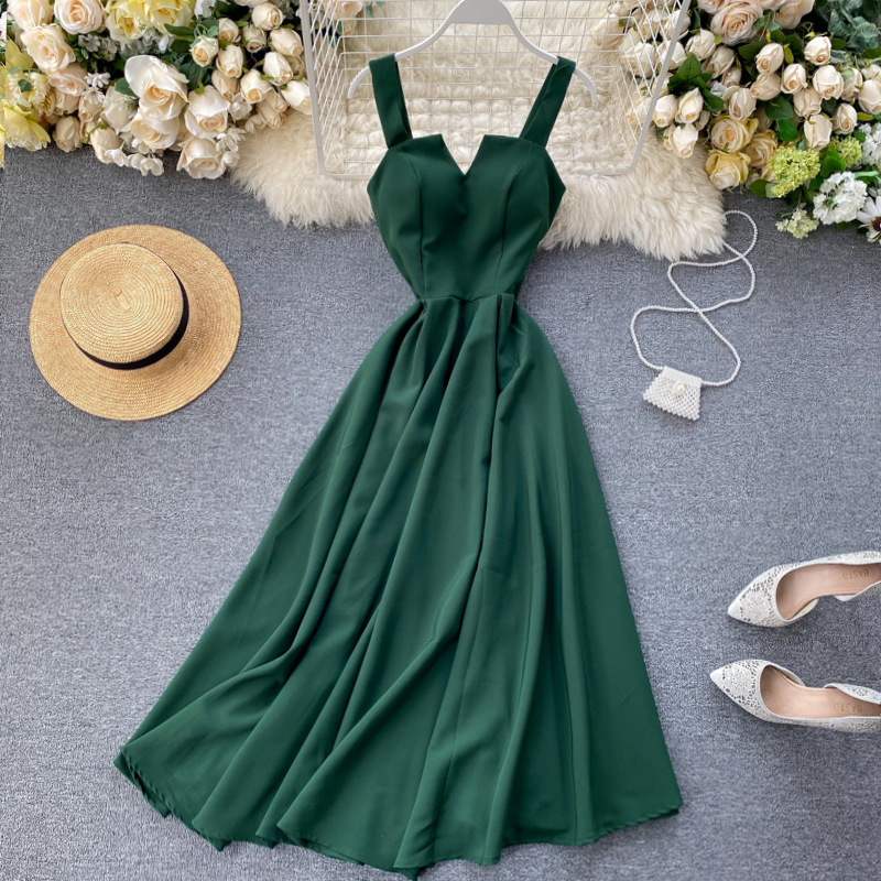 2026 New Design Stylish V-Neck Backless Retro Solid Color Waist-Cinching Slimming Long Dress for Women