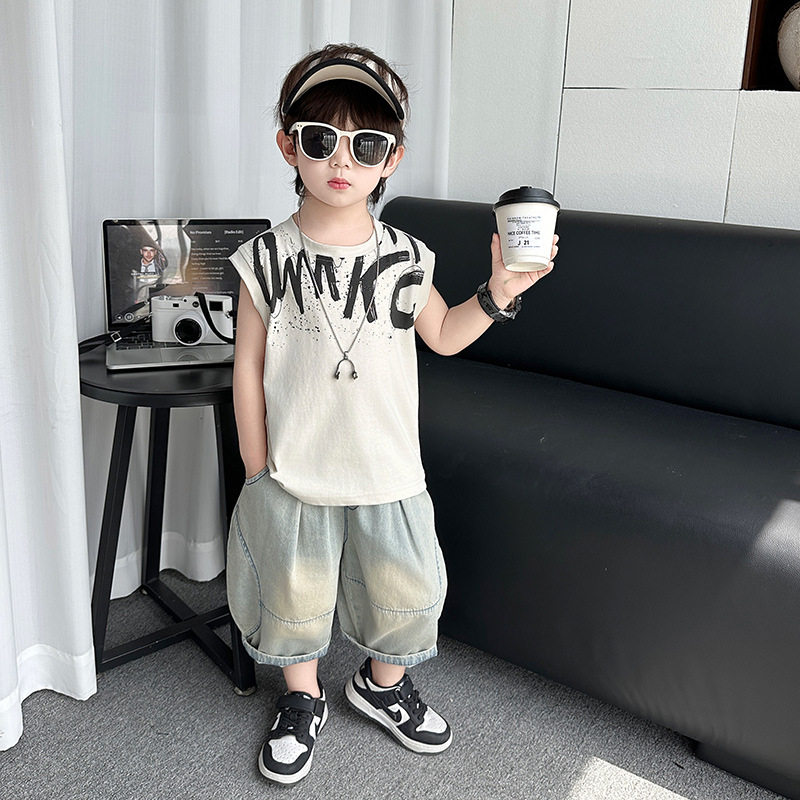 7394 traje de chaleco para niños verano 2025 nuevo traje para niños bebé sin mangas guapo y elegante traje de dos piezas para niños