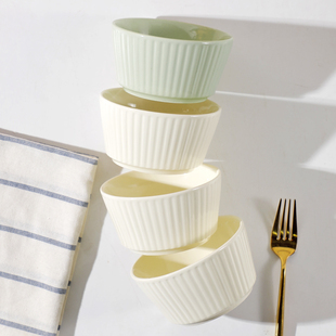 ✅ Bowl Household 10-Piece Ceramic Rice Bowl Creative French Cream Style Vertical Pattern Tableware Set Personalized New Style