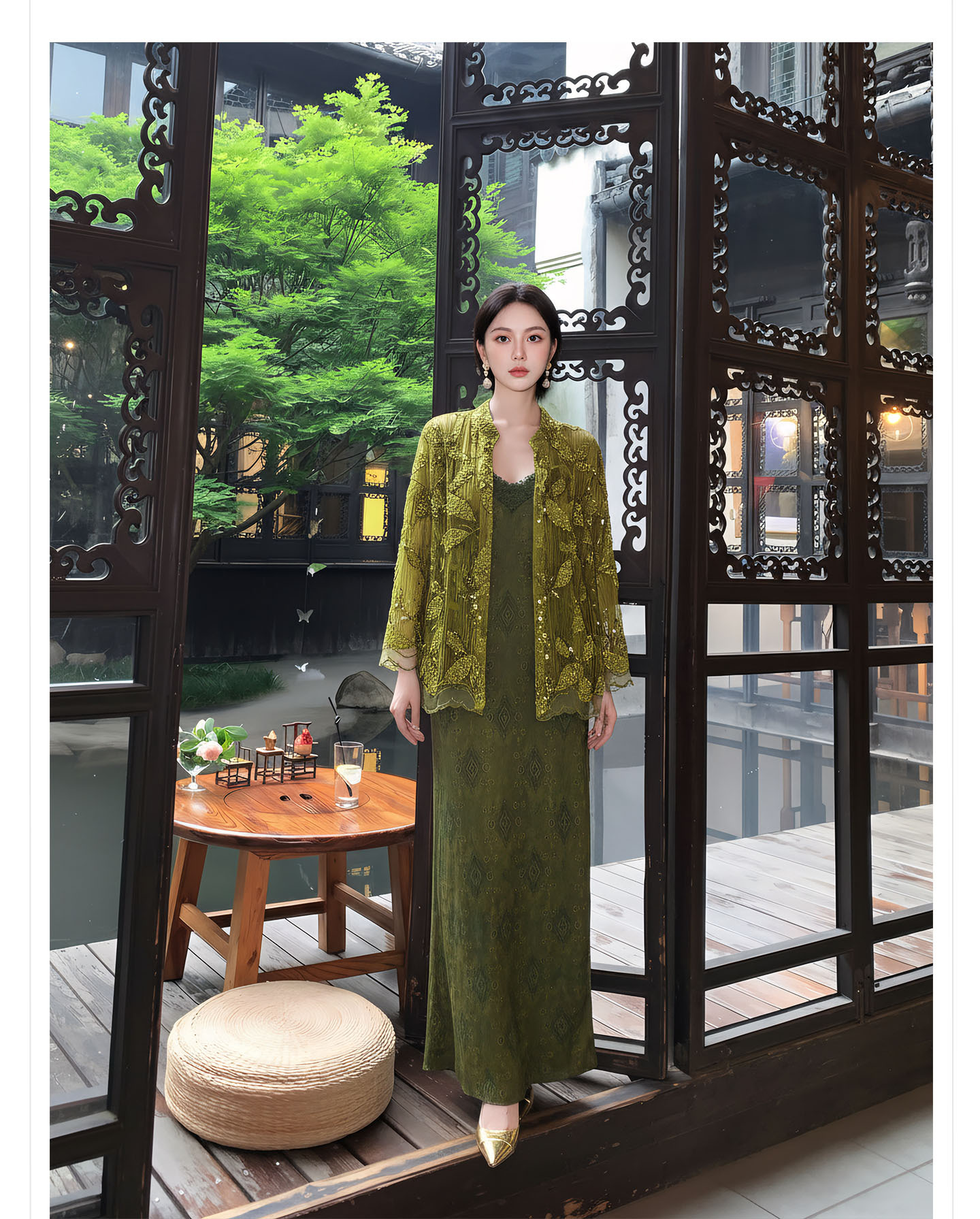 Bộ áo kiểu tân cổ điển phối váy yếm ren hoa thêu — Bộ【Áo vàng xanh + Váy yếm màu matcha】, Áo vàng xanh, Váy yếm màu matcha, Váy yếm đen cao cấp chi tiết 6
