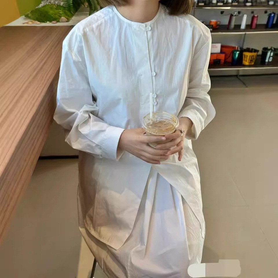 (2개) 간단한 단색 느슨한 피부 친화적 인 통기성 라운드 넥 싱글 브레스트 가을 새로운 긴팔 매일 올 매치 셔츠 탑