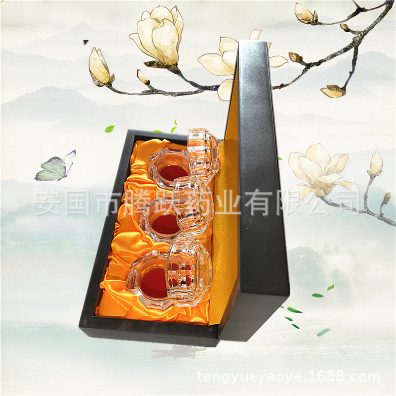 Hexagonal Brocade Gift Box Red Yellow Satin Lined Acrylic Empty Display Case for Herbal Honey Pills overview