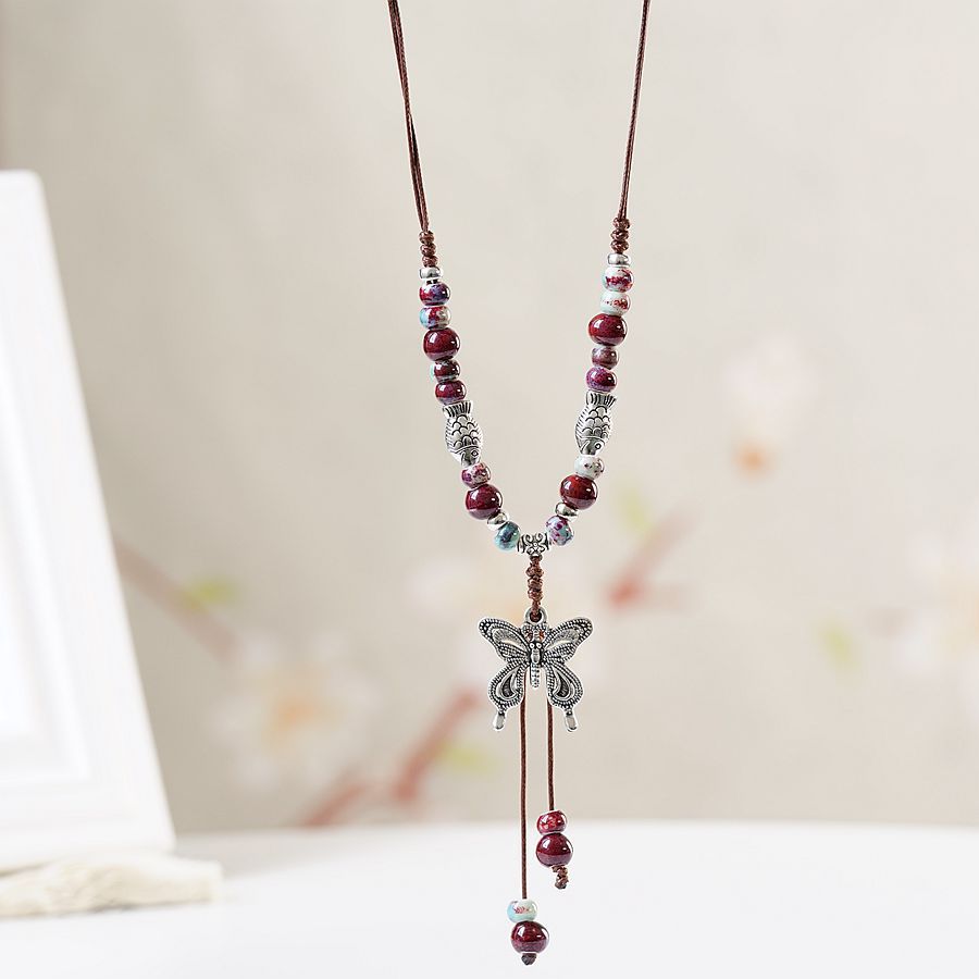 1 Piece Ethnic Style Tassel Butterfly Alloy Mixed Materials Knitting Women's Necklace display picture 1