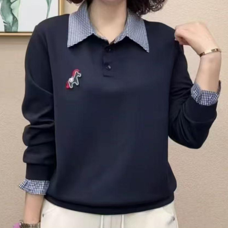 Elegant Plaid Shirt-Collar Sweatshirt, New Spring Fashion, Stylish and Versatile, Loose Fit, Slimming, Age-Reducing Long-Sleeve Top