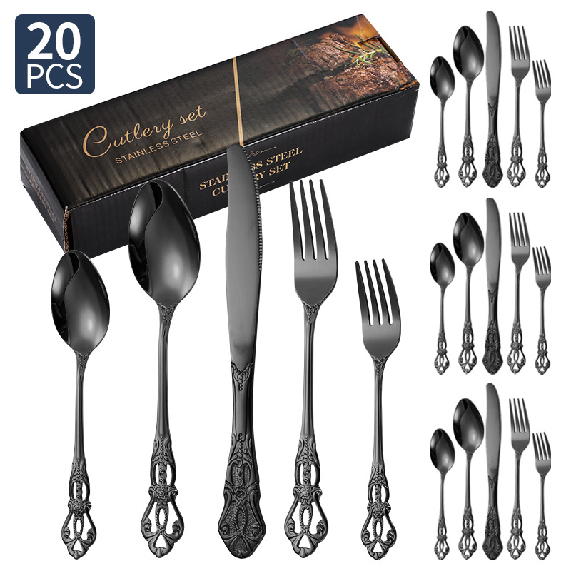 Amazon corte imperial cubiertos de acero inoxidable cuchillo y tenedor cucharas 20 / 24 / 30 piezas conjunto retro relieve cuchillo y tenedor de filete occidental