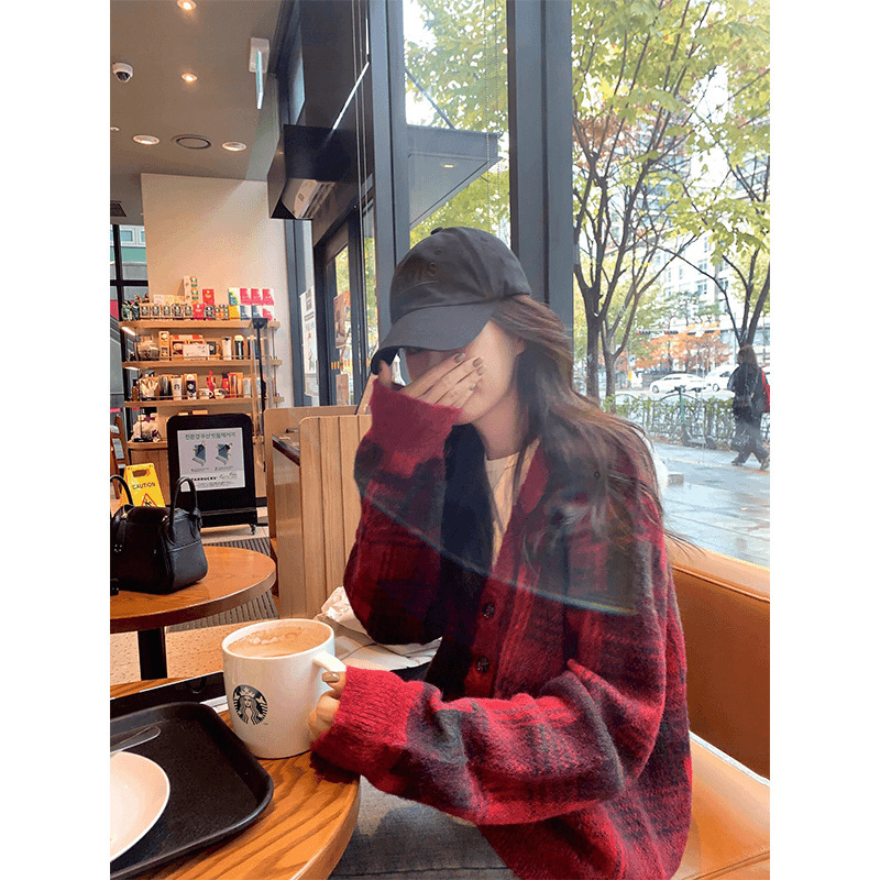 Christmas New Year Red Retro Plaid Super Nice Sweater Coat Women's Autumn and Winter New Loose Knitted Cardigan Top