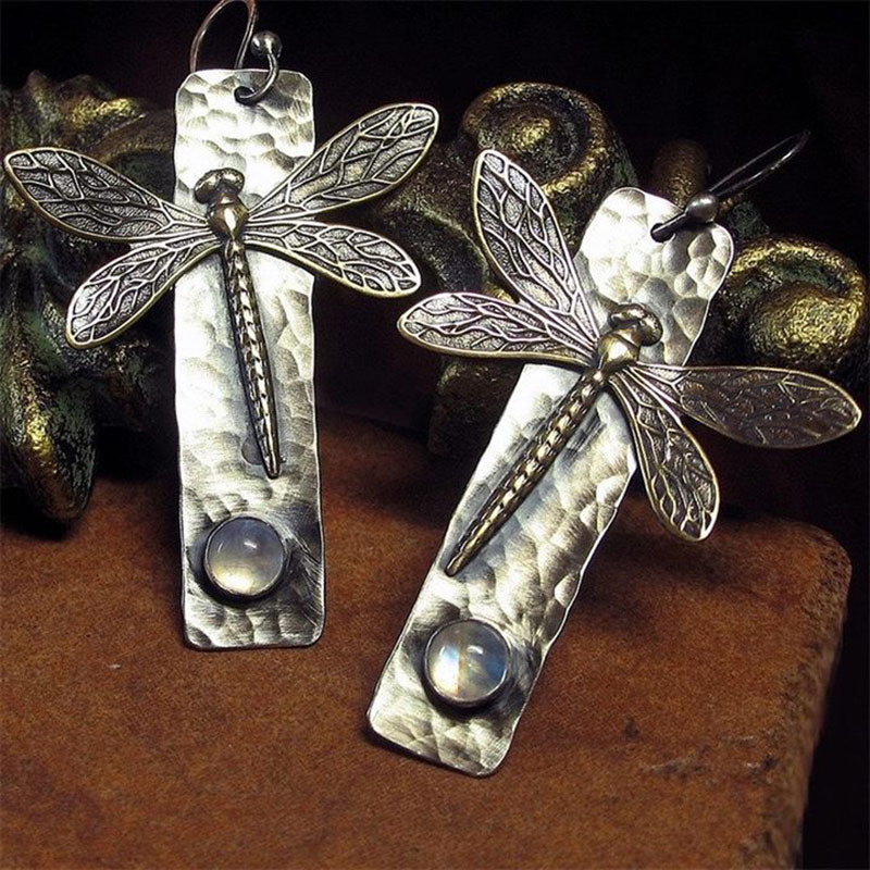Creative new insect dragonfly long earrings cross-border hot geometric metal inlaid moonstone earrings jewelry wholesale