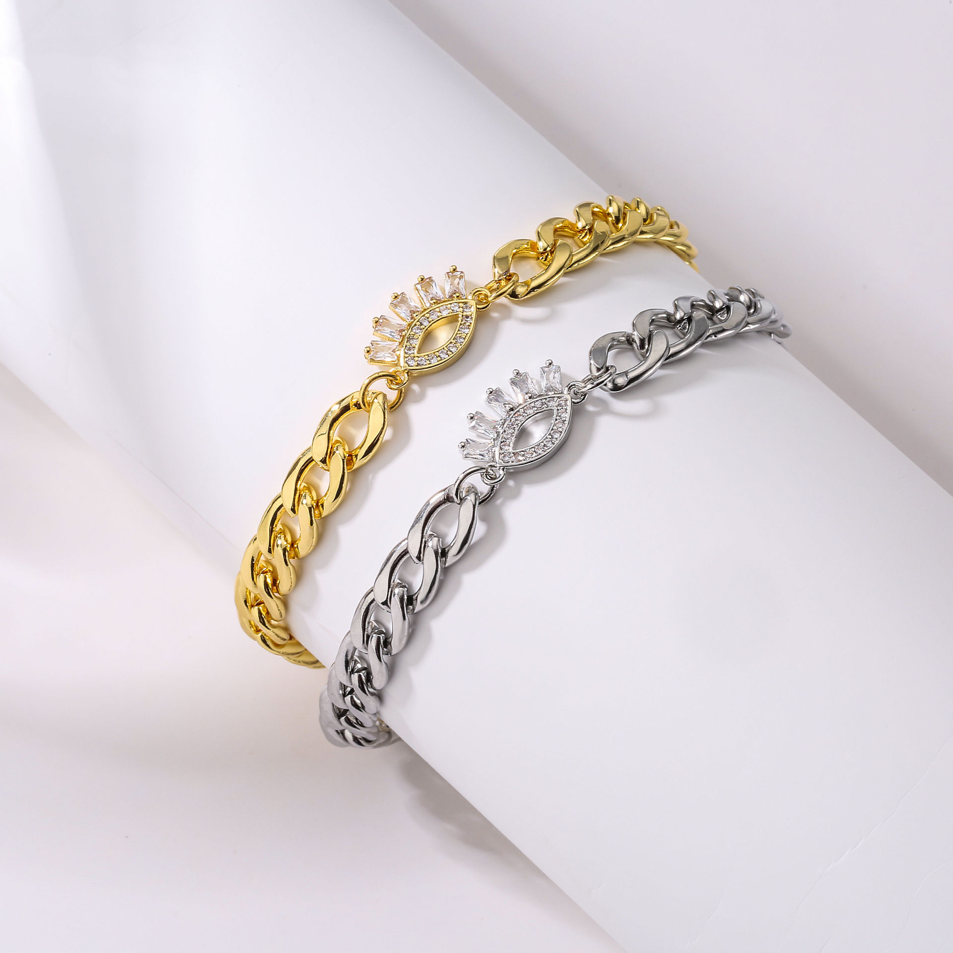 Retro Devilu0027S Eye Stainless Steel Copper Inlay Zircon Bracelets