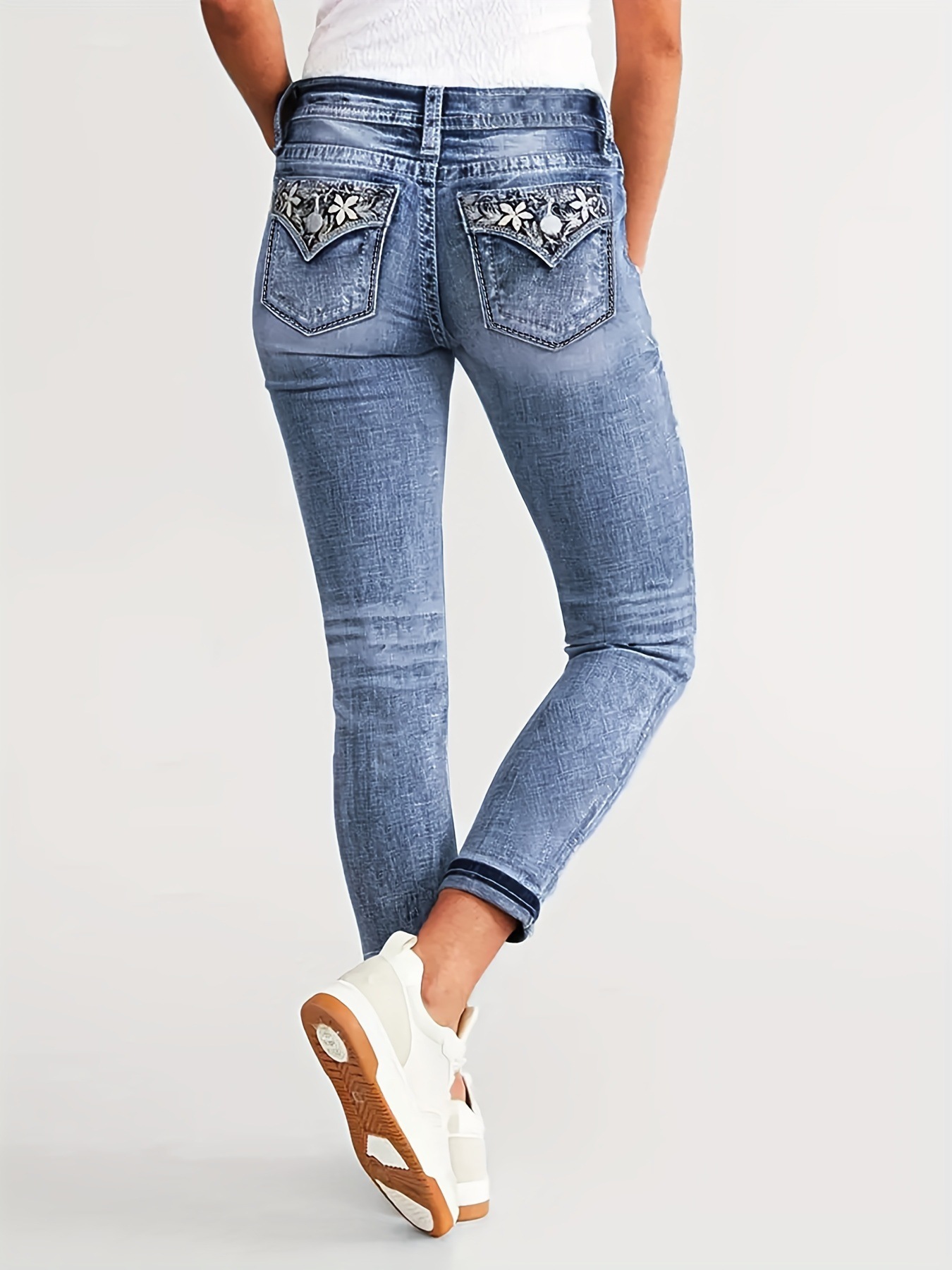 Jeans Bordados Ajustados para Mujer de Mezclilla de Algodón, Elástico