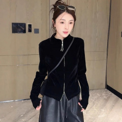 黑色双拉链丝绒长袖开衫外套女2025年秋季新款显瘦打底衫立领上衣