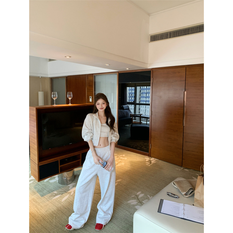 辣妹洋气套装短款露脐领背心拉链长袖外套休闲裤三件套套装女|undefined