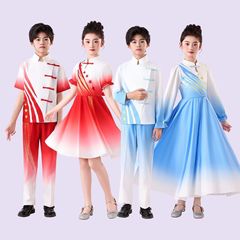 儿童合唱演出服小学生主持人演讲女童礼服爱国红色朗诵表演服装